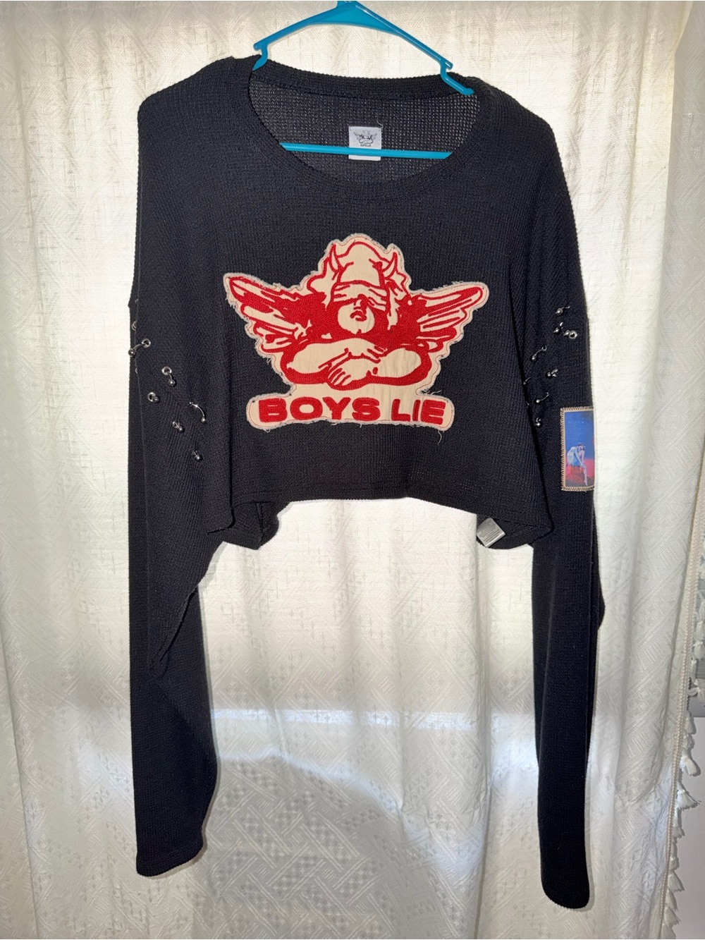 Boys Lie Black Knit Sweater with Red and Cream Angel Patch